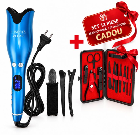 Fashion - Ondulator automat LUXORYA VELAR invelis ceramic, 4 trepte temperatura 170–230°C, 2 directii rotative, tehnologie cu ioni negativi, bucle fara frizz, 2 clame + un set de 12 pieste meni/pedi CADOU