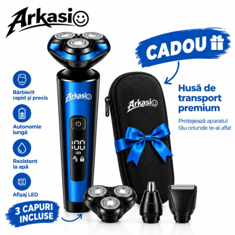 Barbati - Aparat de tuns si ras Arkasio 4 in 1, electric pentru barbati reincarcabil IPX6, LED, 3 capete incluse Trimmer pentru Barba, Tuns si Nas, 3h Autonomie si Husa depozitare Cadou