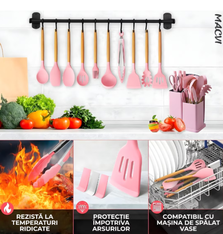 Set 19 ustensile de gatit Luxorya Velar™  din silicon Roz cu maner rezistent din bambus, suport si tocator [4]