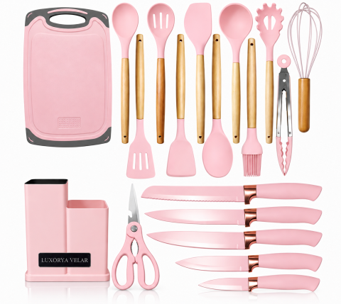 Bucatarie - Set 19 ustensile de gatit Luxorya Velar™  din silicon Roz cu maner rezistent din bambus, suport si tocator