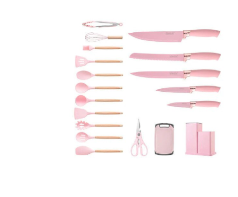 Set 19 ustensile de gatit Luxorya Velar™  din silicon Roz cu maner rezistent din bambus, suport si tocator [1]