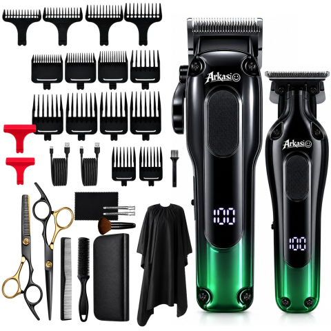 Barbati - Set 2x Masini de Tuns Profesionale Arkasio™ si un set de Foarfece (cadou) Fara Fir, Baterie Reincarcabila cu autonomie 2.5h si 1.5h si multipli piepteni