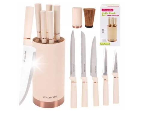 Set 5 bucati cutite bej, lame inox, cu suport