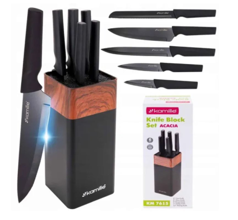 Set 5 cutite de bucatarie, cu suport, inox/plastic, negru