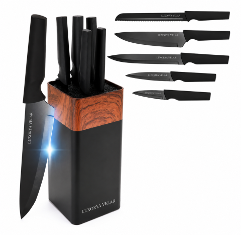 Set 5 cutite de bucatarie, cu suport, inox/plastic, negru