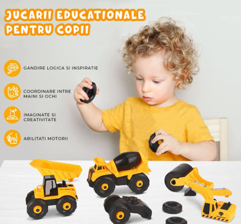 Set 6 Masini de Jucarie Engros, Vehicule de Constructii, Demontabile, Include Betoniera, Buldozer, Buldoexcavator, Camion, Excavator, Compactor, Surubelnita, Instructiuni si Cutie de Depozitare [2]