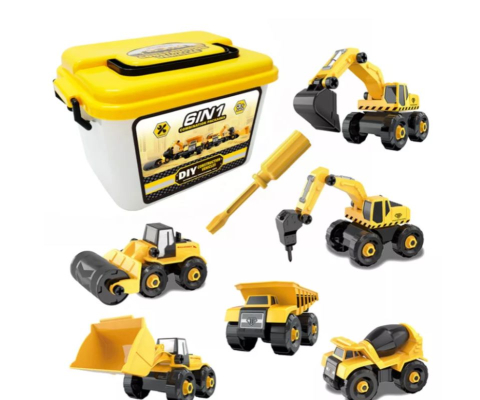 Jucarii - Set 6 Masini de Jucarie Engros, Vehicule de Constructii, Demontabile, Include Betoniera, Buldozer, Buldoexcavator, Camion, Excavator, Compactor, Surubelnita, Instructiuni si Cutie de Depozitare