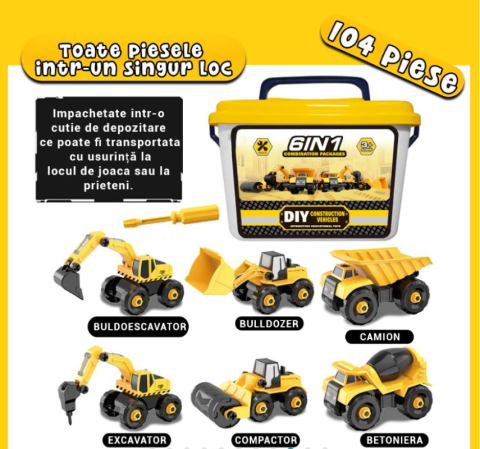 Set 6 Masini de Jucarie Engros, Vehicule de Constructii, Demontabile, Include Betoniera, Buldozer, Buldoexcavator, Camion, Excavator, Compactor, Surubelnita, Instructiuni si Cutie de Depozitare [8]