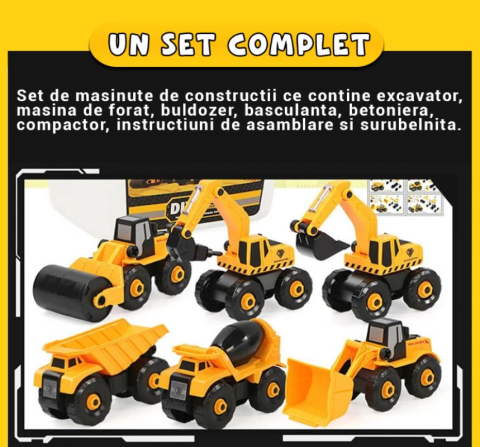 Set 6 Masini de Jucarie Engros, Vehicule de Constructii, Demontabile, Include Betoniera, Buldozer, Buldoexcavator, Camion, Excavator, Compactor, Surubelnita, Instructiuni si Cutie de Depozitare [5]