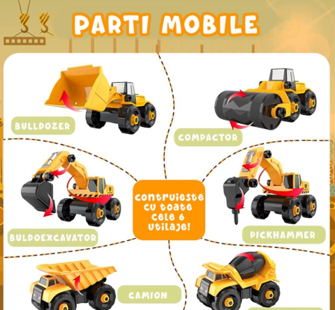 Set 6 Masini de Jucarie Engros, Vehicule de Constructii, Demontabile, Include Betoniera, Buldozer, Buldoexcavator, Camion, Excavator, Compactor, Surubelnita, Instructiuni si Cutie de Depozitare [1]