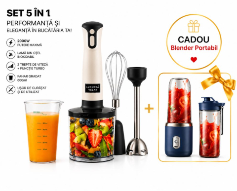 Electrocasnice - Set Blender 5 in 1 LUXORYA VELAR™ 2000W – Mixer Vertical cu Putere maxima pentru preparate perfecte si un Blender Portabil CADOU