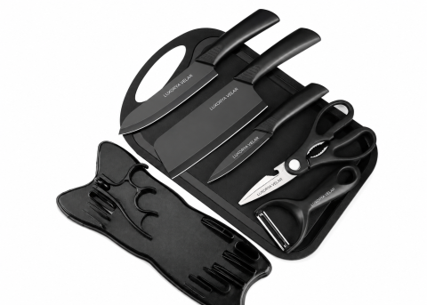 Set Bucătărie 7 Piese Marca Luxorya Velar™ cu Tocător, Cuțite și Foarfecă, Suport Inclus, Oțel Inoxidabil, Mânere Ergonomice, Model Profesional [3]
