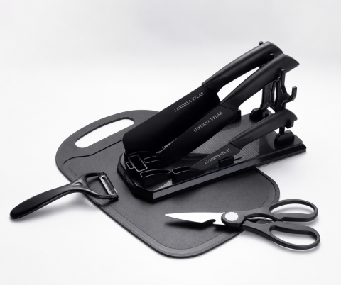 Set Bucătărie 7 Piese Marca Luxorya Velar™ cu Tocător, Cuțite și Foarfecă, Suport Inclus, Oțel Inoxidabil, Mânere Ergonomice, Model Profesional [2]