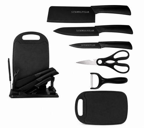 Set Bucătărie 7 Piese Marca Luxorya Velar™ cu Tocător, Cuțite și Foarfecă, Suport Inclus, Oțel Inoxidabil, Mânere Ergonomice, Model Profesional
