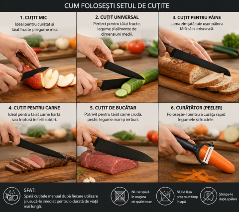 Set de 5 cutite de bucatarie si curatator legume, invelis marmura, maner ergonomic [2]