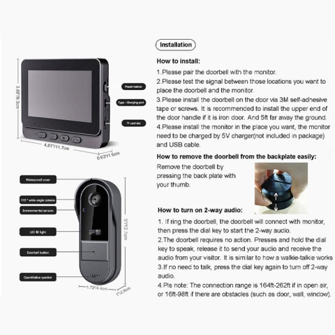 Sonerie video Luxorua Velar™  fara fir wireless exterior cu monitor,Ecran IPS 4.3 inch, camera HD 1080P, Unghi de vizualizare 170°, captura imagine la apasarea soneriei, conexiune prin bluetooth,IP65 [2]