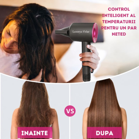Uscator de par LUXORYA VELAR™ cu ioni negativi, de mare viteza, 4 Trepte de Temperatura, 3 Viteze, Silentios, Tehnologie Inovativa de Protectie a Parului, 5 Capete Magnetice Incluse, Gri sau Roz [4]