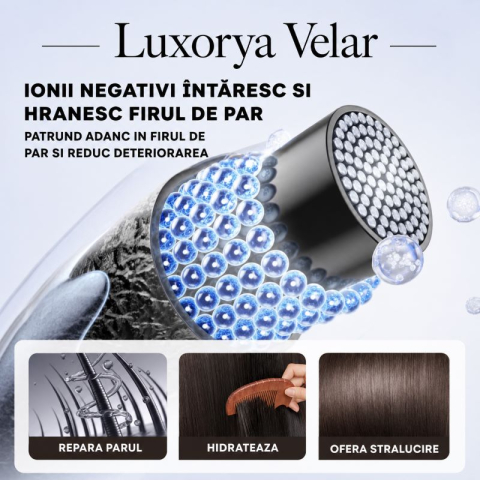 Uscator de par LUXORYA VELAR™ cu ioni negativi, de mare viteza, 4 Trepte de Temperatura, 3 Viteze, Silentios, Tehnologie Inovativa de Protectie a Parului, 5 Capete Magnetice Incluse, Gri sau Roz [7]