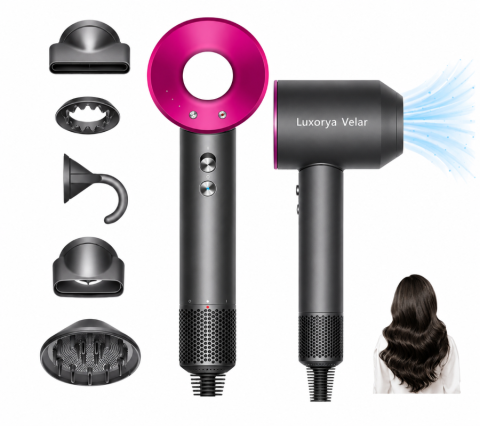 Uscator de par LUXORYA VELAR™ cu ioni negativi, de mare viteza, 4 Trepte de Temperatura, 3 Viteze, Silentios, Tehnologie Inovativa de Protectie a Parului, 5 Capete Magnetice Incluse, Gri sau Roz [3]