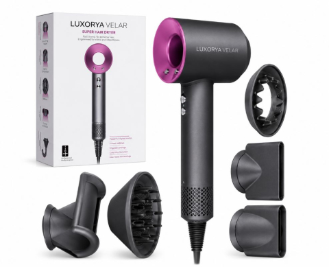Uscator de par LUXORYA VELAR™ cu ioni negativi, de mare viteza, 4 Trepte de Temperatura, 3 Viteze, Silentios, Tehnologie Inovativa de Protectie a Parului, 5 Capete Magnetice Incluse, Gri sau Roz [1]