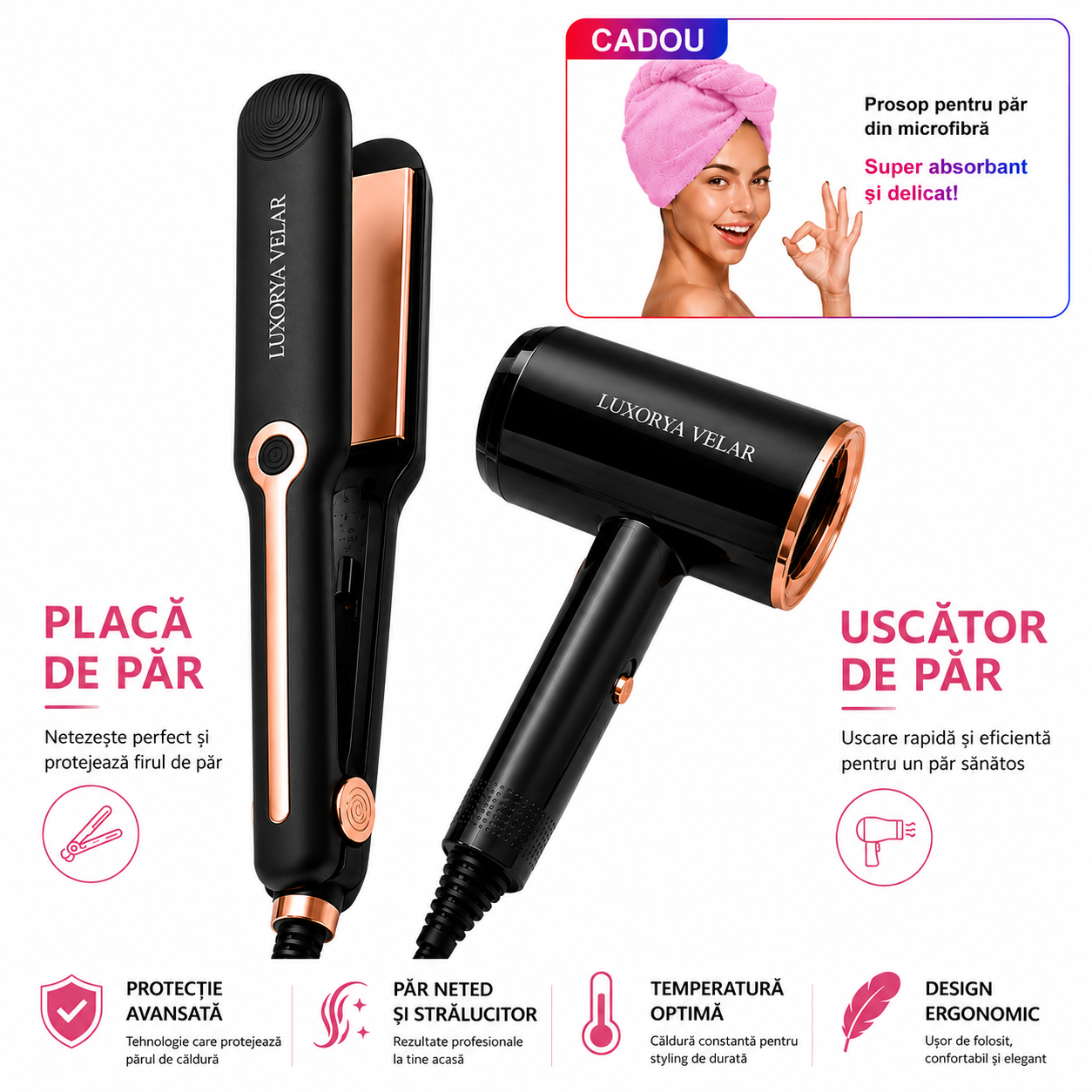 Set Uscator de par si Placa de indreptat parul Marca LUXORYA VELAR 2 in 1, Coafare multifunctionala de mare viteza si putere, cu tehnologie de uscare
