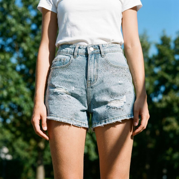Pantaloni scurti dama din denim cu pietricele [5]