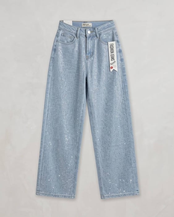 Jeans Wide-Leg High Waist Blue cu Strasuri [6]