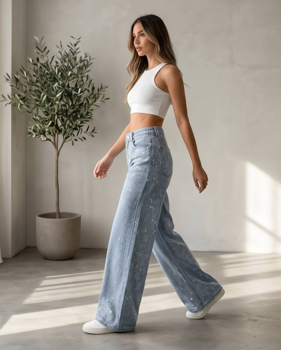 Jeans Wide-Leg High Waist Blue cu Strasuri [3]