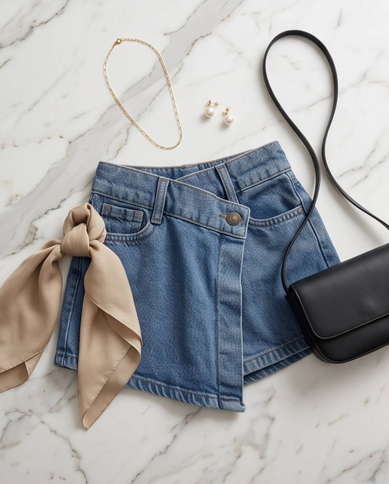 Fusta Pantalon Denim Bleu cu Talia Petrecuta [5]