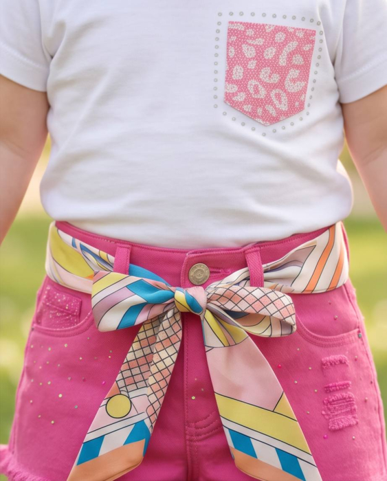 Set de Vara pentru Fetite cu Tricou Alb si Pantaloni Scurti Siclam cu Esarfa Decorativa [2]