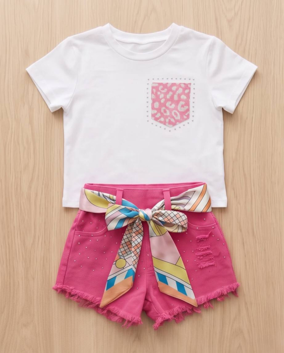 Set de Vara pentru Fetite cu Tricou Alb si Pantaloni Scurti Siclam cu Esarfa Decorativa [4]