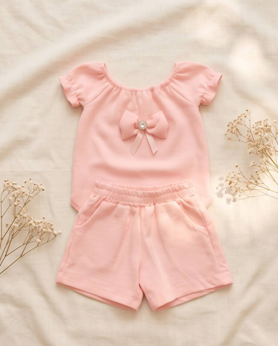 Set de Vara pentru Fetite Roz Pudra cu Fundita Eleganta - Bluza si Pantaloni Scurti | Luxury Star [7]