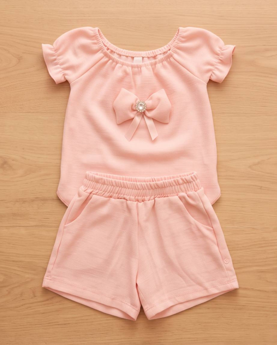 Set de Vara pentru Fetite Roz Pudra cu Fundita Eleganta - Bluza si Pantaloni Scurti | Luxury Star [8]