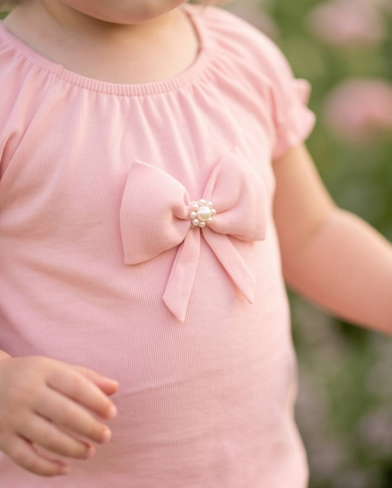 Set de Vara pentru Fetite Roz Pudra cu Fundita Eleganta - Bluza si Pantaloni Scurti | Luxury Star [3]