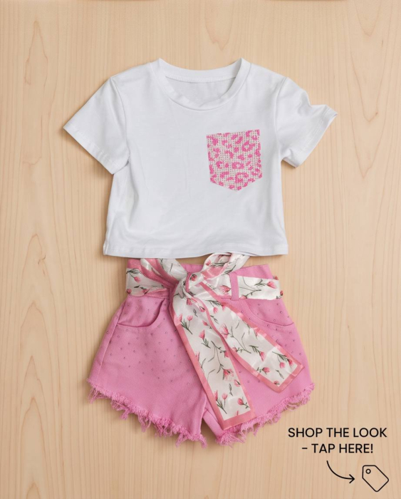 Set Vara pentru Fetite cu Tricou Alb si Pantaloni Scurti Roz cu Cordon Floral | Luxury Star [6]