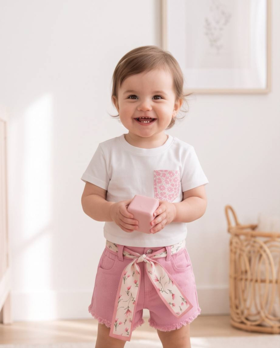 Set Vara pentru Fetite cu Tricou Alb si Pantaloni Scurti Roz cu Cordon Floral | Luxury Star [4]