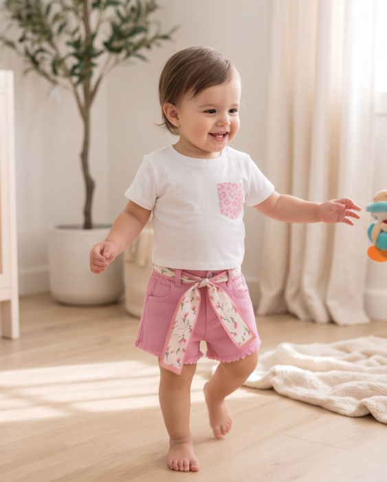 Set Vara pentru Fetite cu Tricou Alb si Pantaloni Scurti Roz cu Cordon Floral | Luxury Star [5]