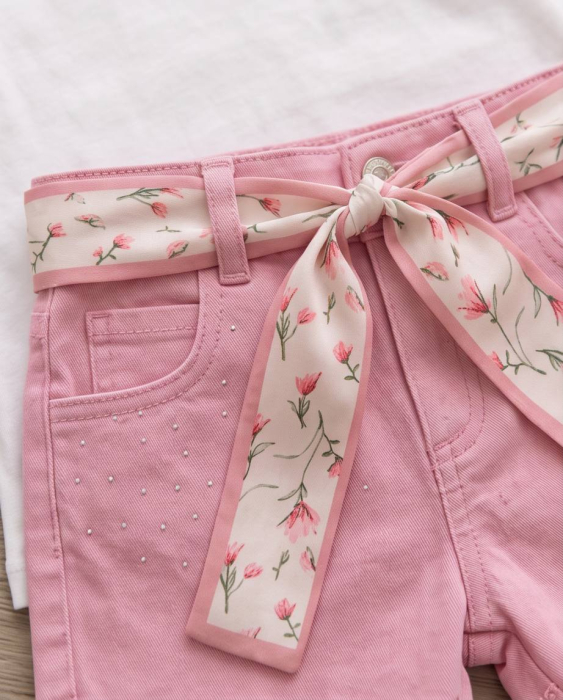 Set Vara pentru Fetite cu Tricou Alb si Pantaloni Scurti Roz cu Cordon Floral | Luxury Star [3]