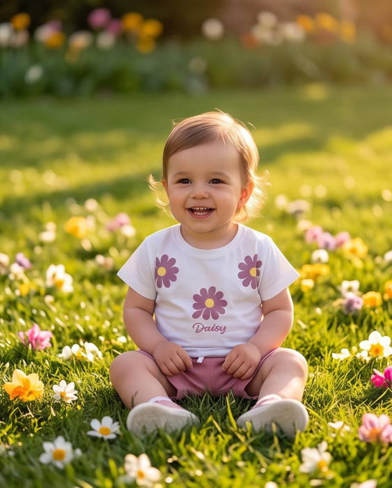 Set Vara pentru Fetite Daisy cu Tricou Alb si Pantaloni Scurti Roz [3]