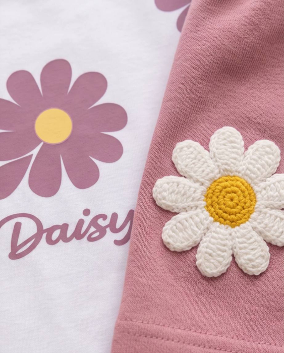Set Vara pentru Fetite Daisy cu Tricou Alb si Pantaloni Scurti Roz [5]