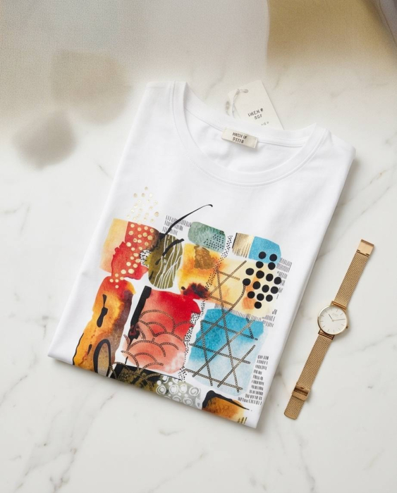 Tricou Alb cu Imprimeu Abstract Multicolor [4]