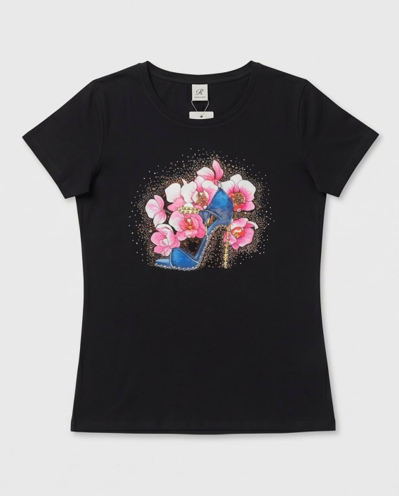 Tricou Negru cu Imprimeu Stiletto Albastru si Flori Roz [3]