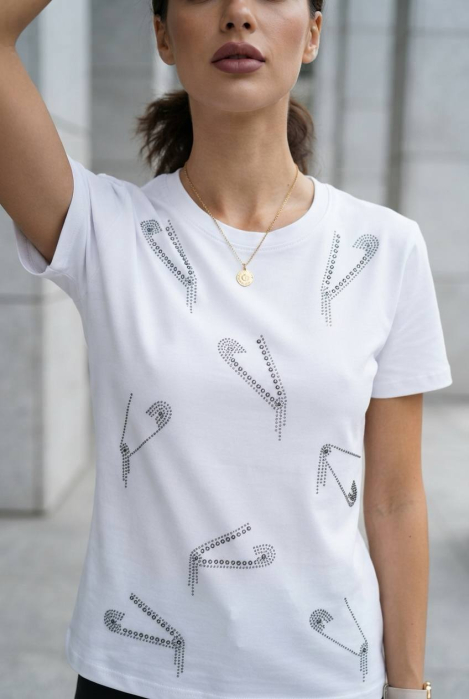 Tricou Premium Alb cu Model Safety Pin din Cristale [2]