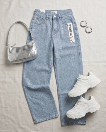 Jeans Wide-Leg High Waist Blue cu Strasuri [3]