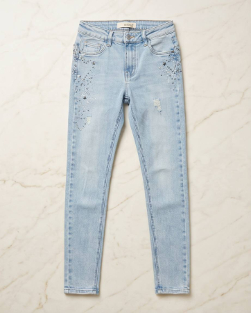 Blugi Slim Fit Albastru Deschis cu Strasuri si Stele Decor [4]