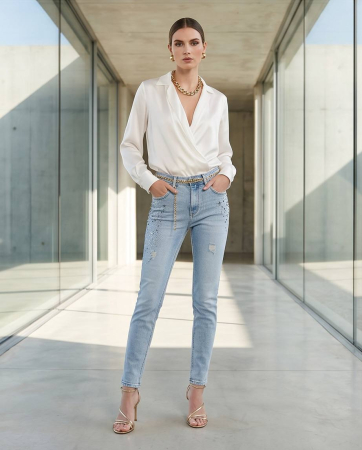 Blugi Slim Fit Albastru Deschis cu Strasuri si Stele Decor [3]