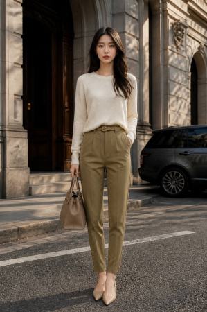 Pantaloni Olive Slim cu Curea si Detalii Aurii [5]