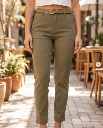 Pantaloni Olive Slim cu Curea si Detalii Aurii [1]