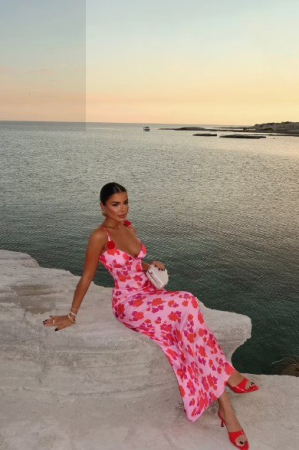 Rochie Lunga Roz cu Imprimeu Floral Rosu [1]