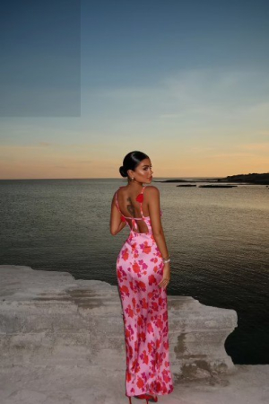 Rochie Lunga Roz cu Imprimeu Floral Rosu [2]